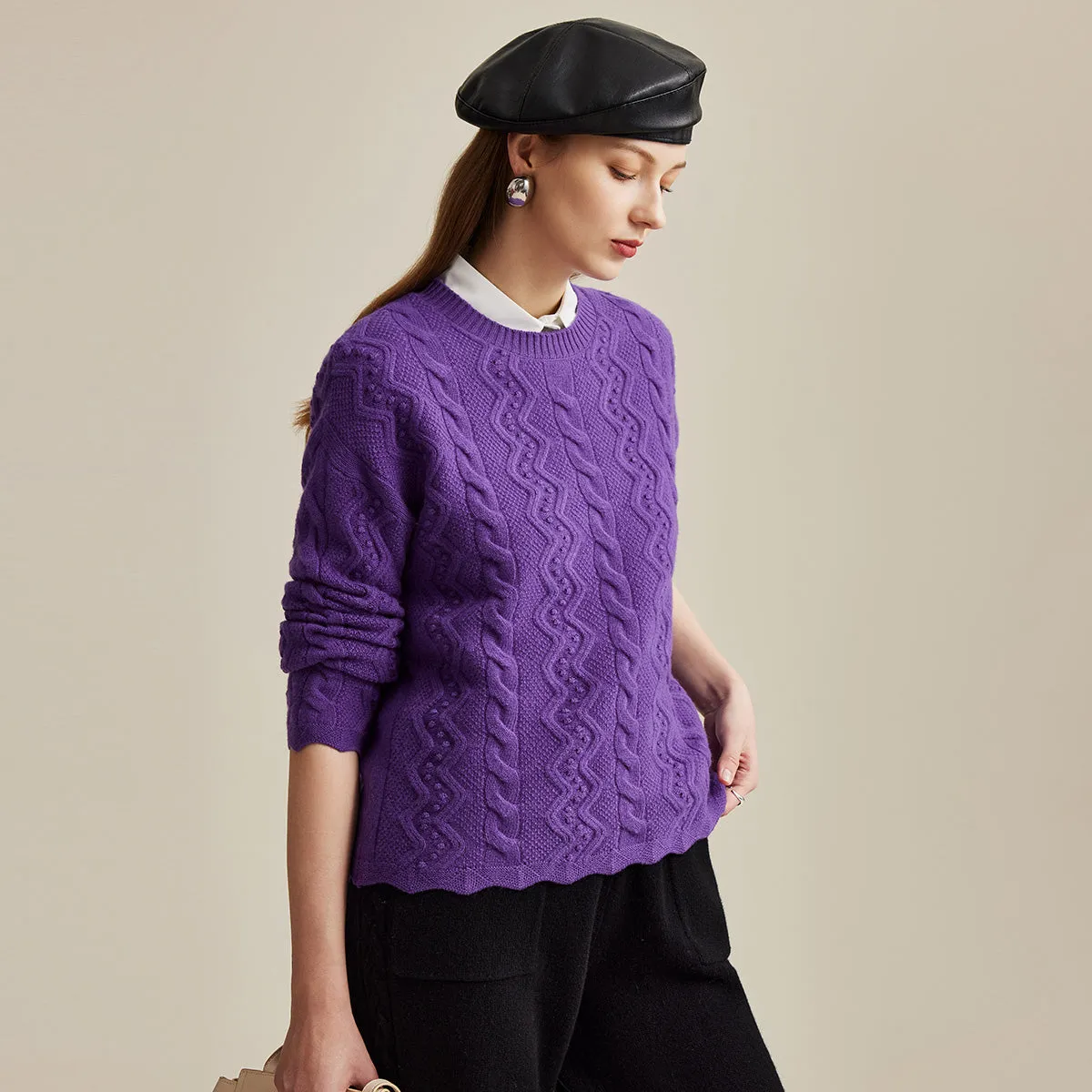 100% Wool Vibrant Color Cozy Cable Knit Sweater