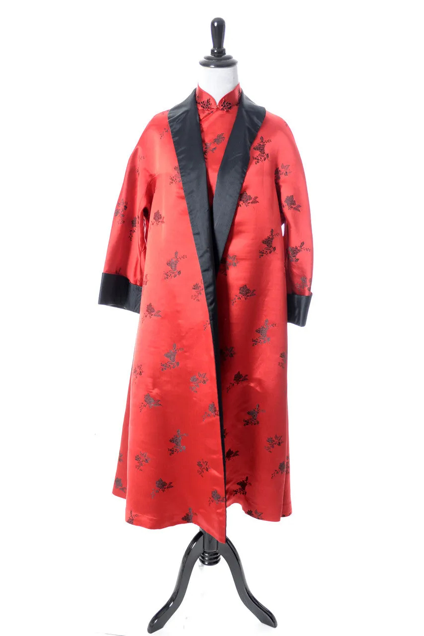 1950s Chinese Inspired Red and Black Satin Vintage Dress and Reversible Coat