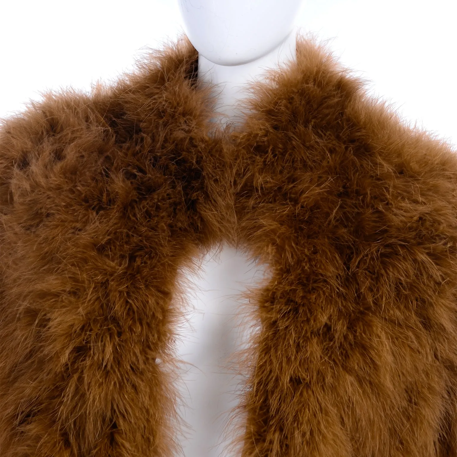 1970s Andre Laug Toffee Brown Marabou Feather Open Front Coat