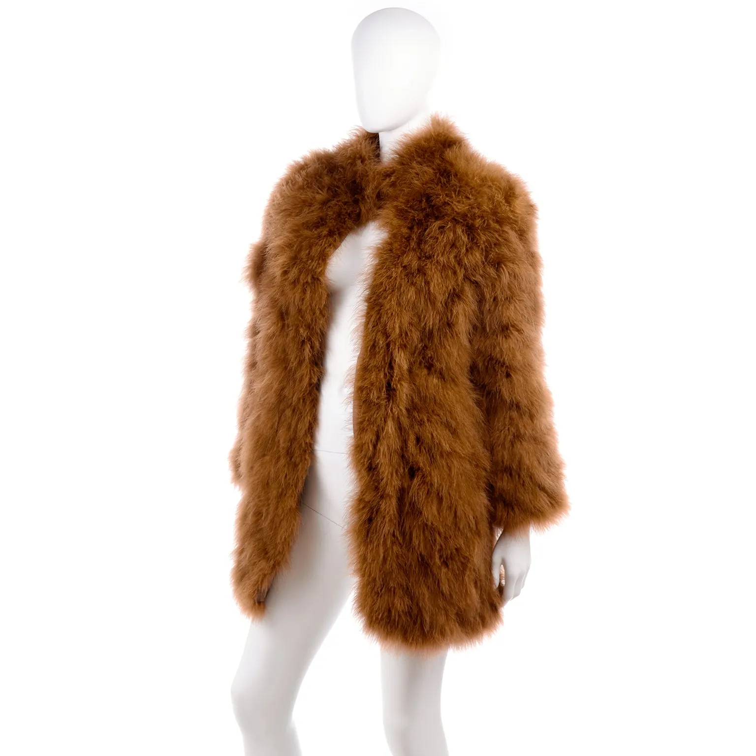 1970s Andre Laug Toffee Brown Marabou Feather Open Front Coat