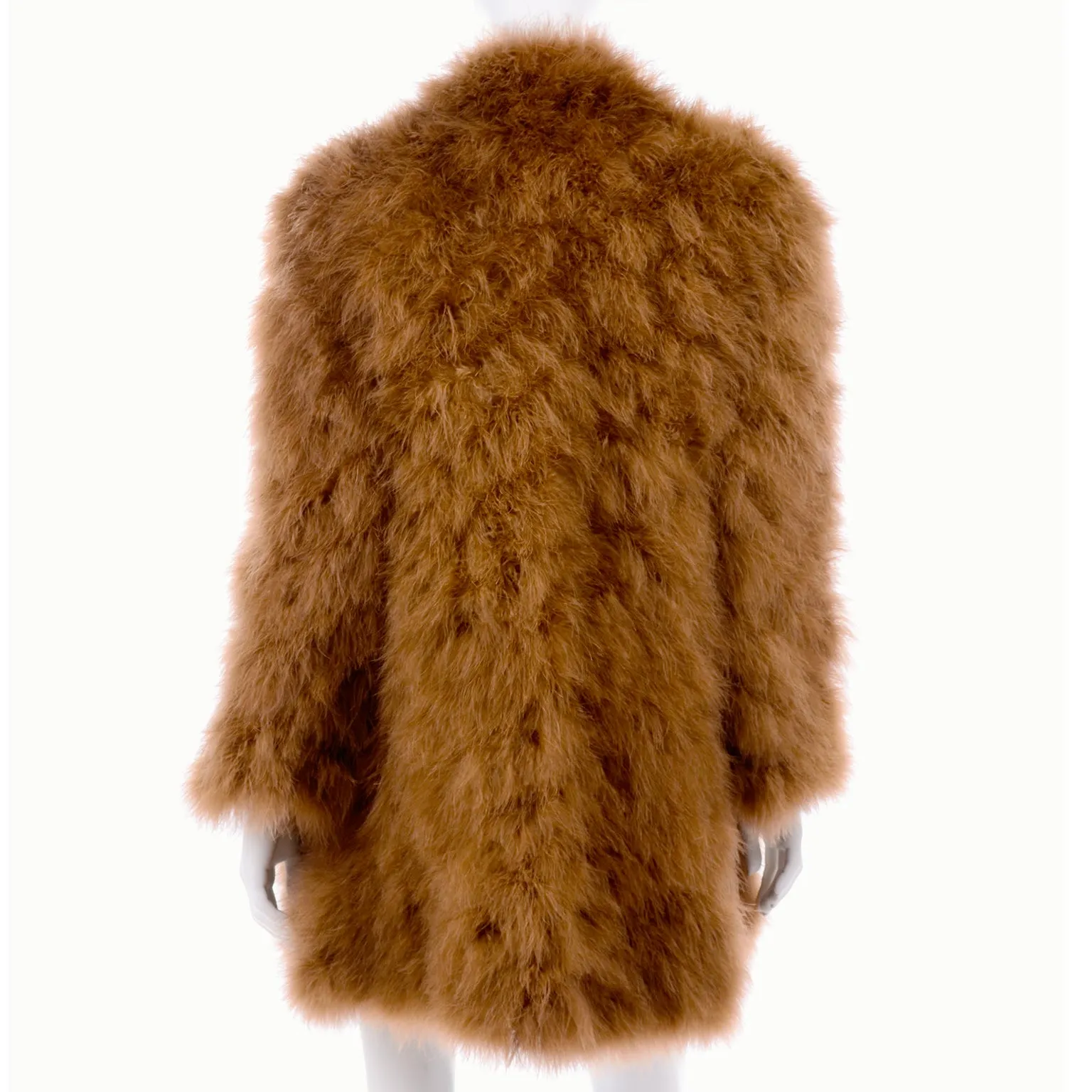 1970s Andre Laug Toffee Brown Marabou Feather Open Front Coat