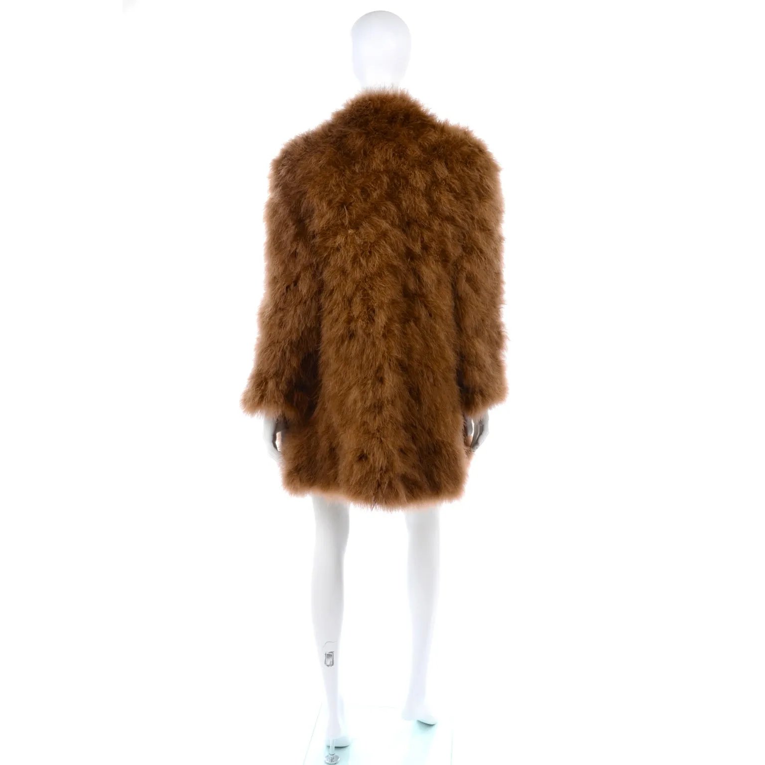 1970s Andre Laug Toffee Brown Marabou Feather Open Front Coat