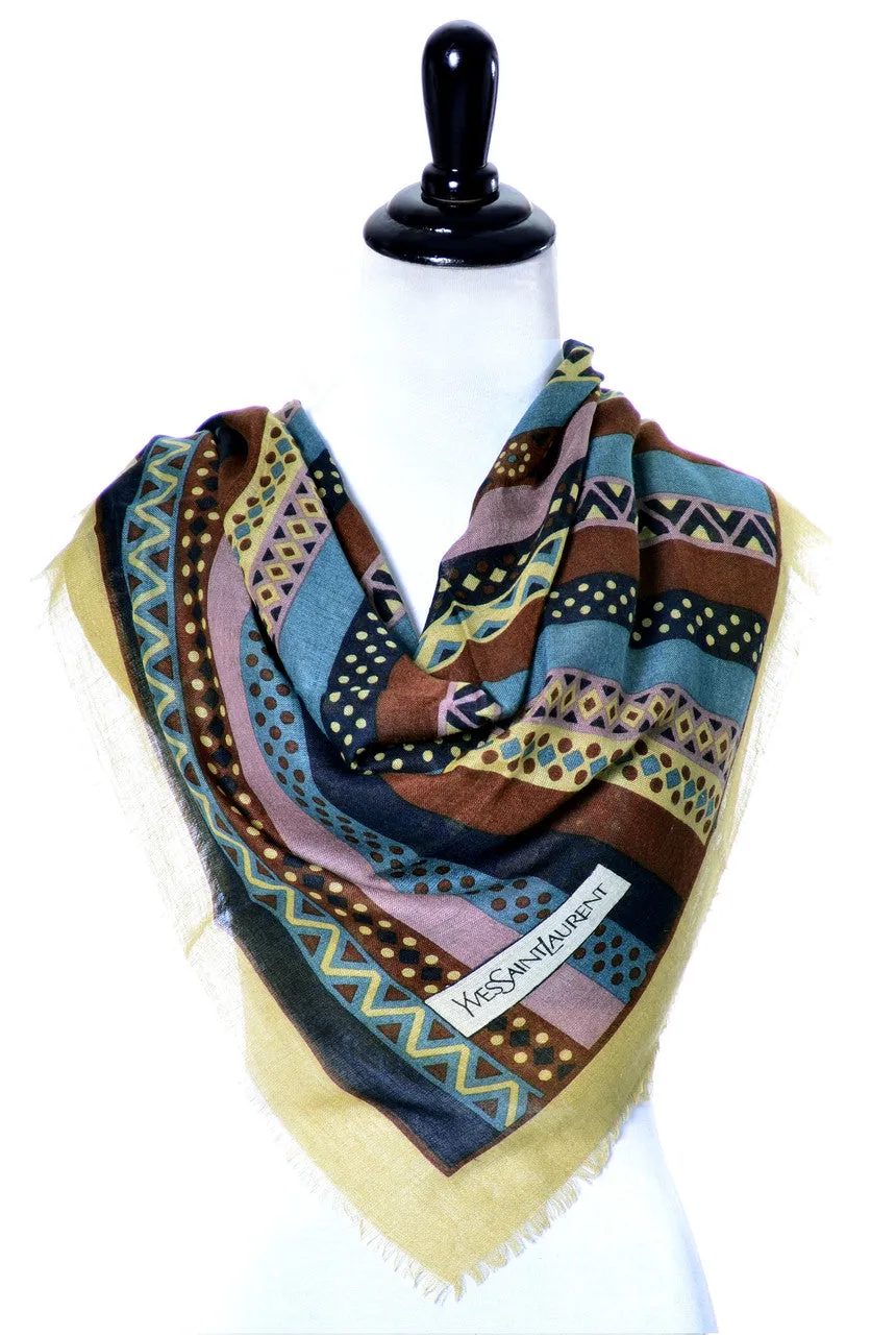 1970s YSL Vintage Yves Saint Laurent Designer Wool Scarf in Geometric Print