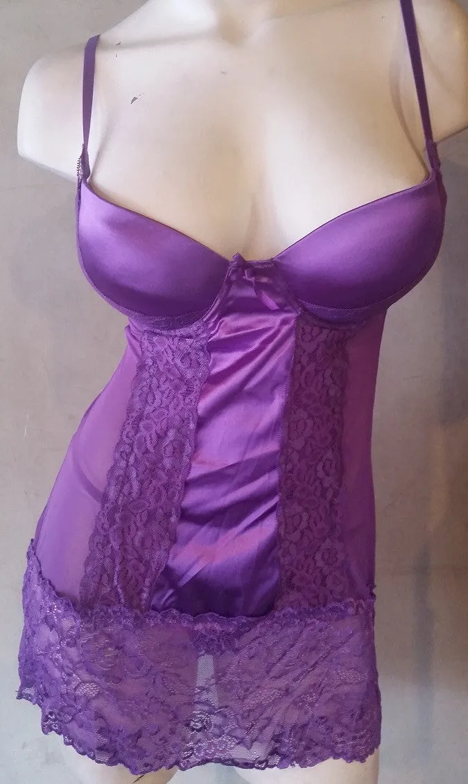 2 Piece Satin and Lace Purple Push-up Babydoll