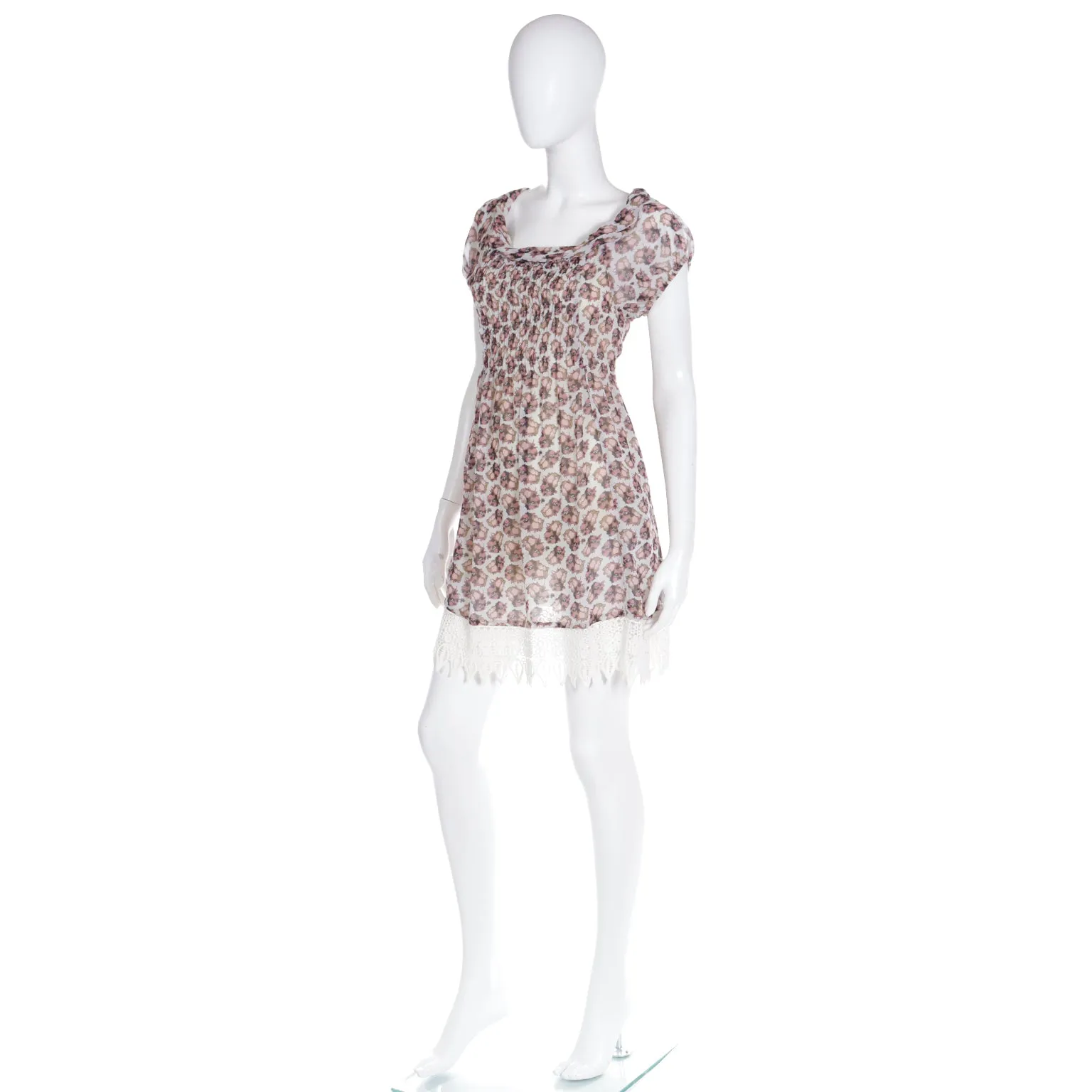 2000s Dries Van Noten Floral Mini Dress W Crochet Lace Hem