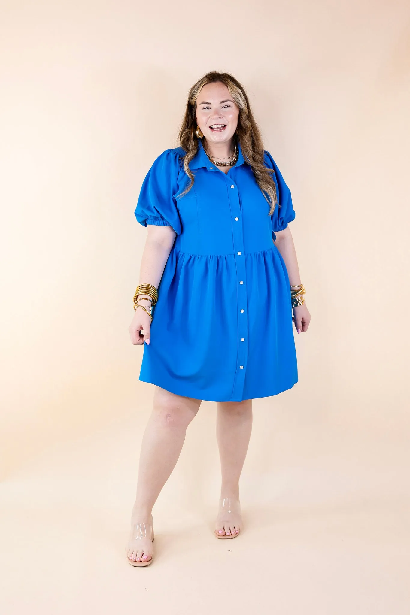 Adventures Ahead Button Up Babydoll Dress in Bright Blue