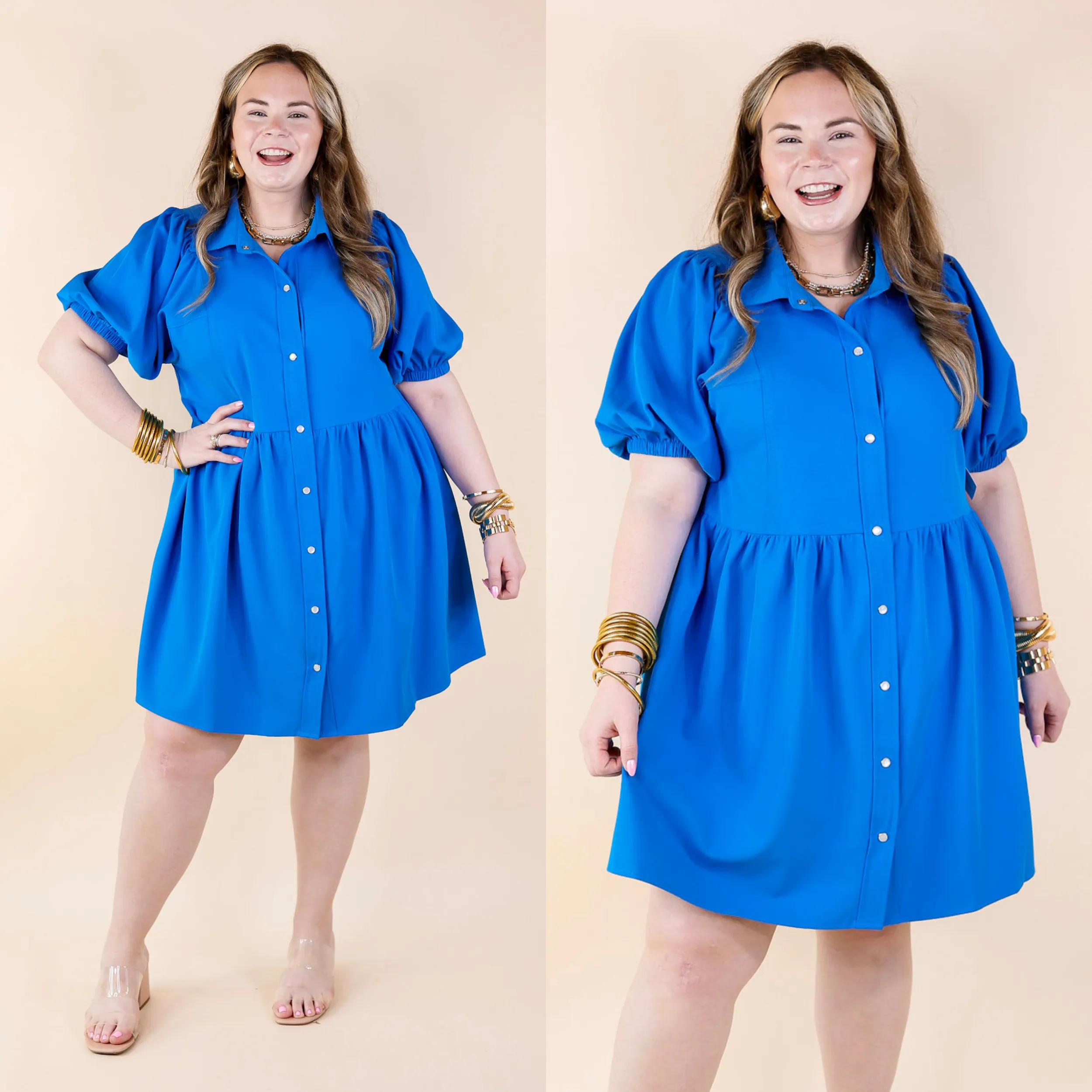 Adventures Ahead Button Up Babydoll Dress in Bright Blue