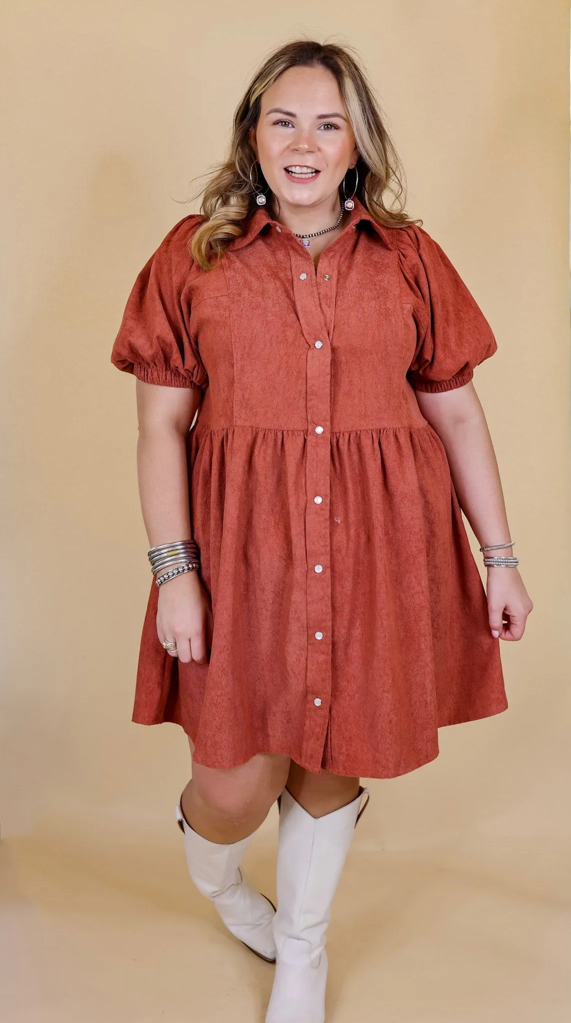 Adventures Ahead Button Up Corduroy Babydoll Dress in Terracotta