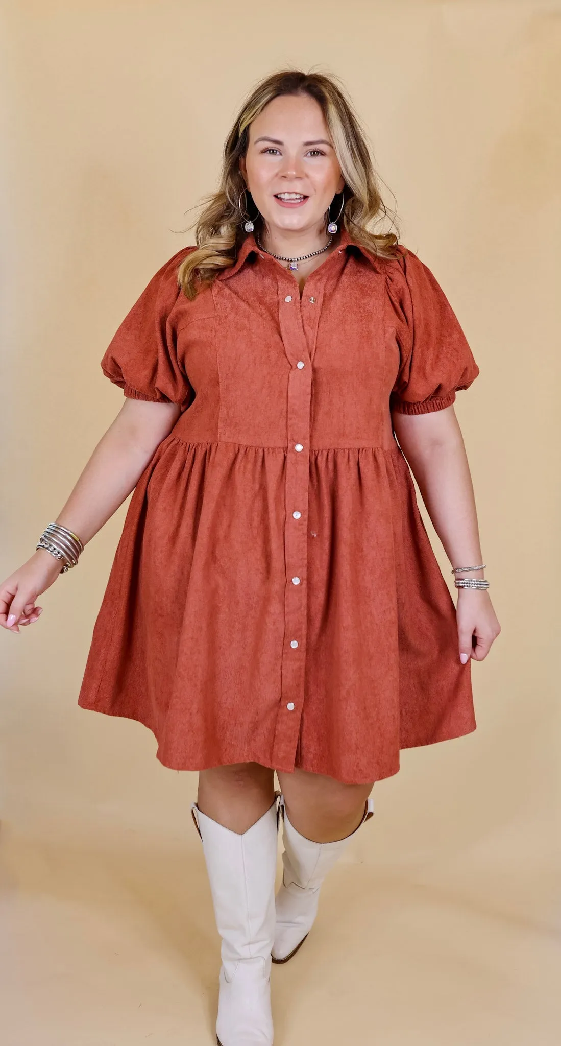 Adventures Ahead Button Up Corduroy Babydoll Dress in Terracotta