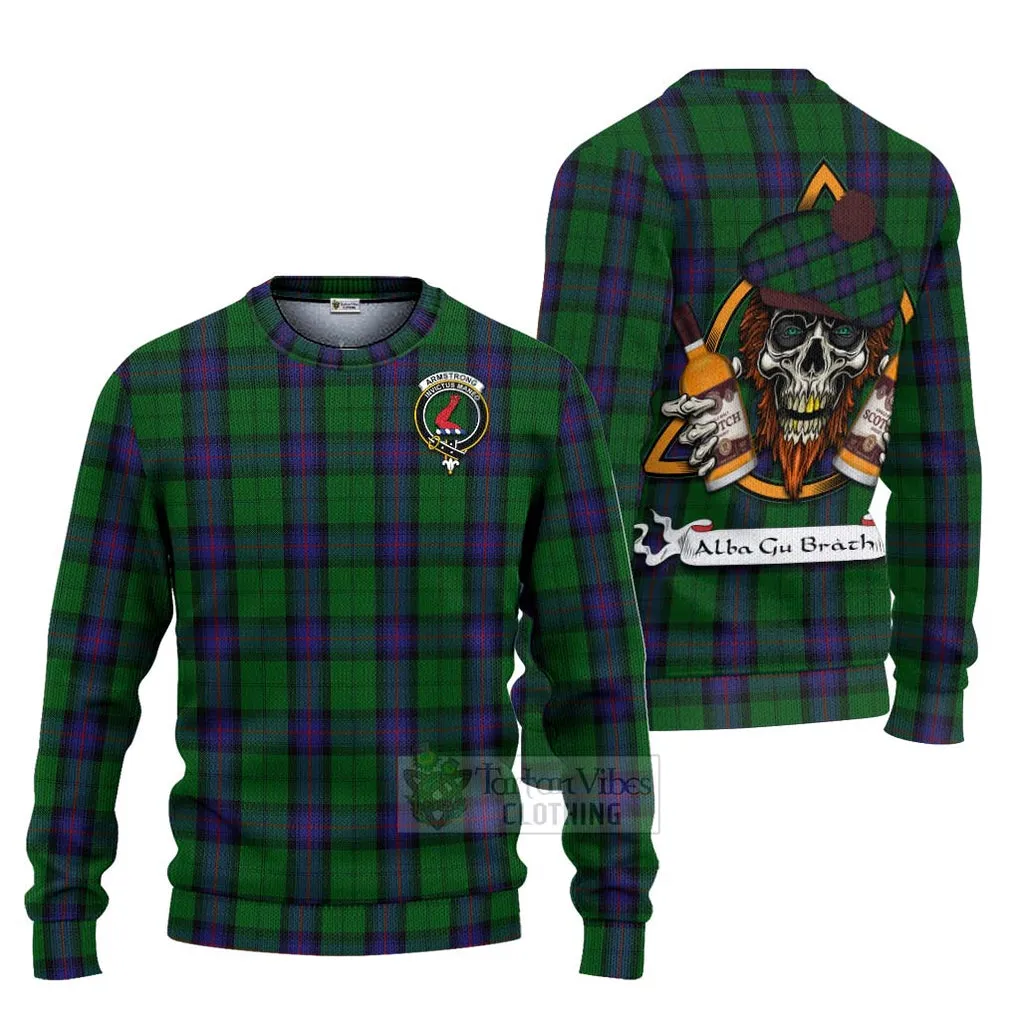 Armstrong Tartan Ugly Sweater with Family Crest and Bearded Skull Holding Bottles of Whiskey