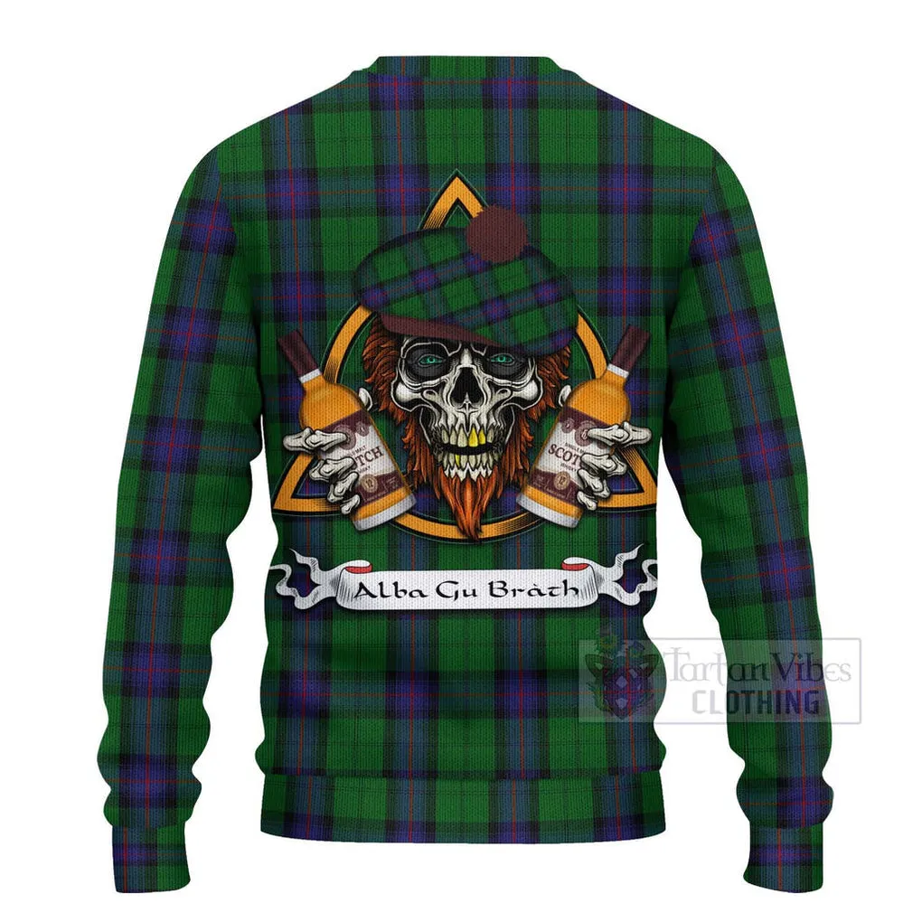 Armstrong Tartan Ugly Sweater with Family Crest and Bearded Skull Holding Bottles of Whiskey