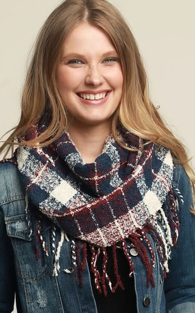 AS251 Multi Plaid Tassel Infinity Scarf