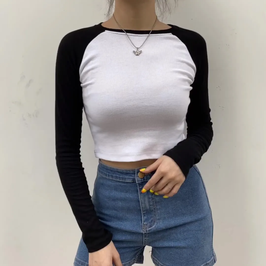 Autumn Contrast Color Basic Crop Top Shirt Long Sleeve Streetwear Women Casual Slim Cute Kawaii T-Shirt Harajuku