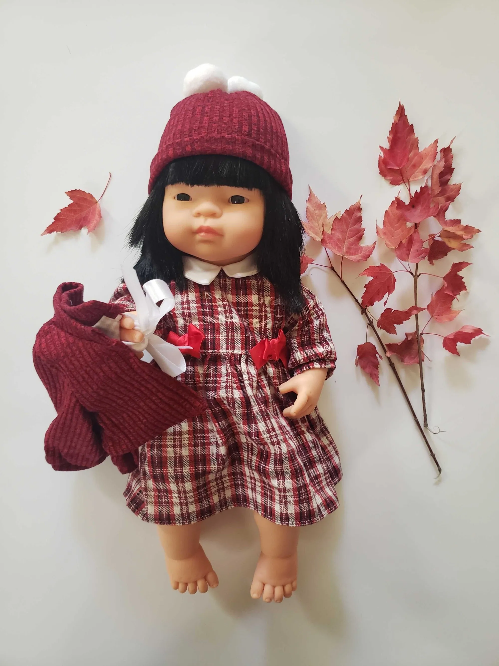 Baby Girl Doll - Asian  with Plaid Dress Set 38cm