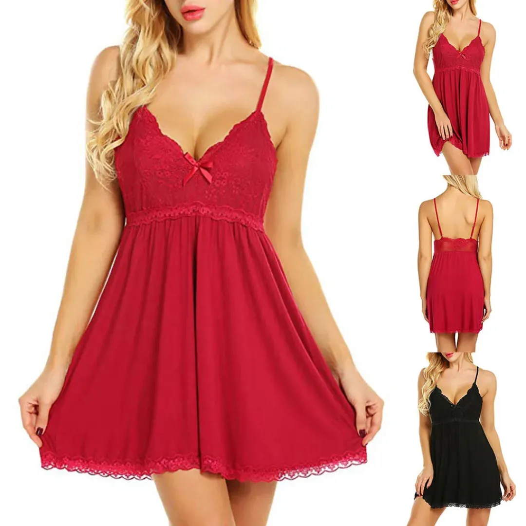 Babydoll Nightwear - Sexy Lace V-Neck Sleeveless Nightgown