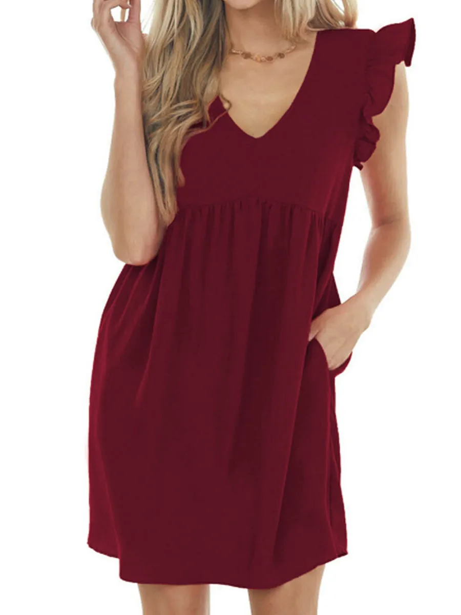 Babydoll Ruffle V Neck Crepe Mini Dress