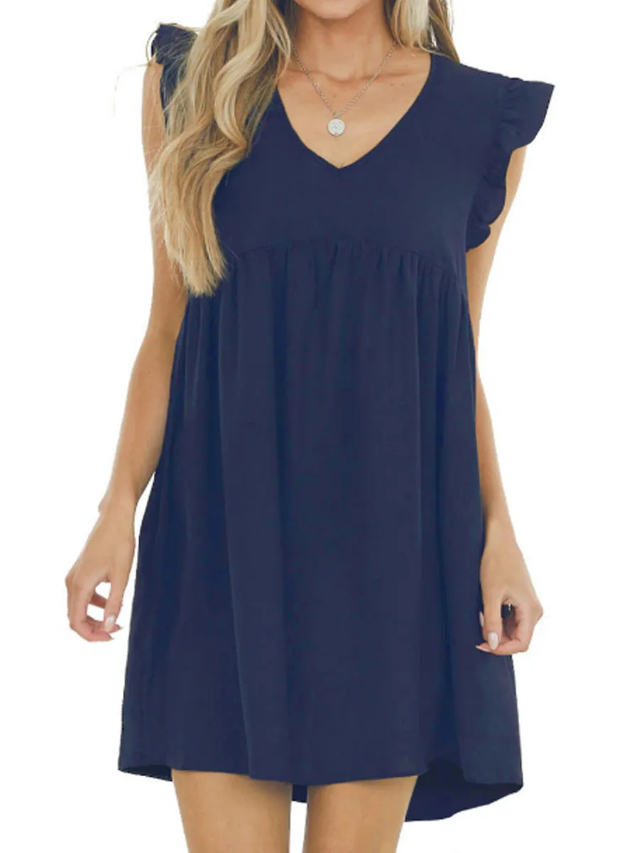 Babydoll Ruffle V Neck Crepe Mini Dress