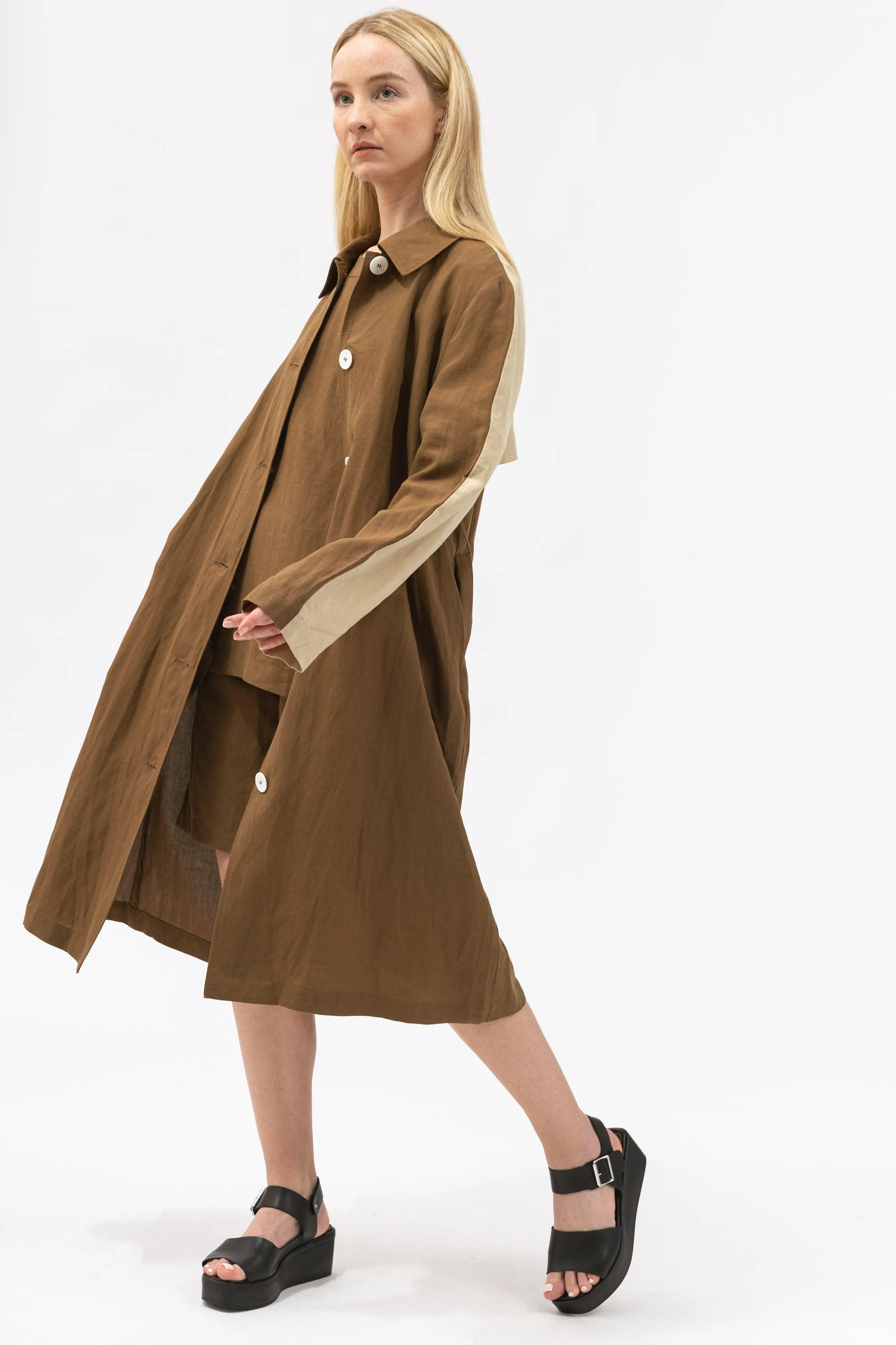 Bamboo Color Blocked Linen Long Shirt Jacket