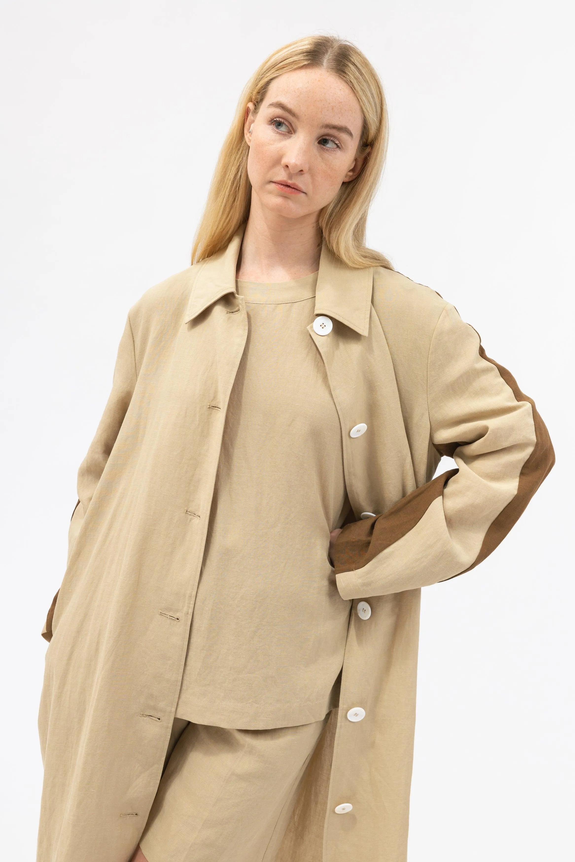 Bamboo Color Blocked Linen Long Shirt Jacket