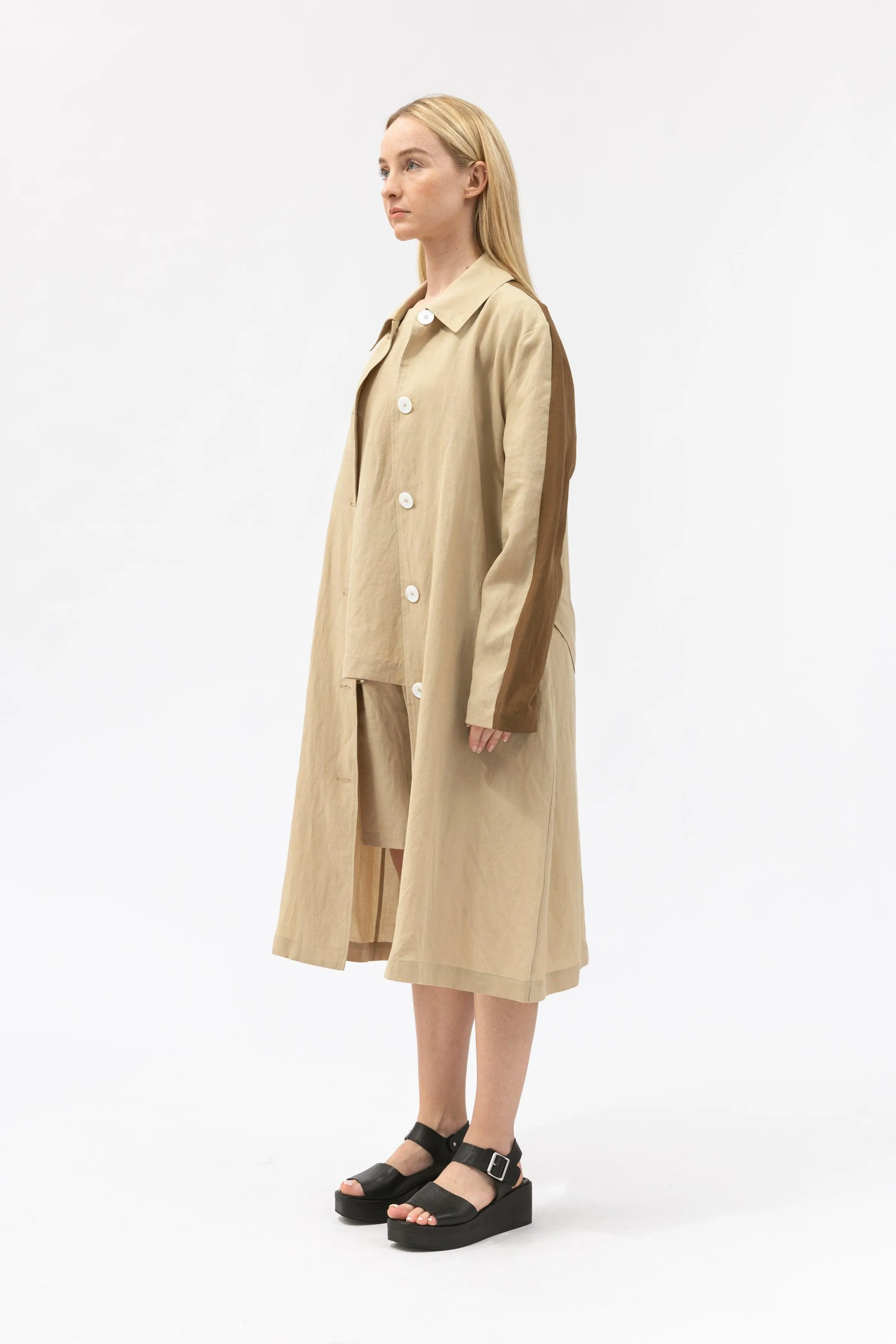 Bamboo Color Blocked Linen Long Shirt Jacket