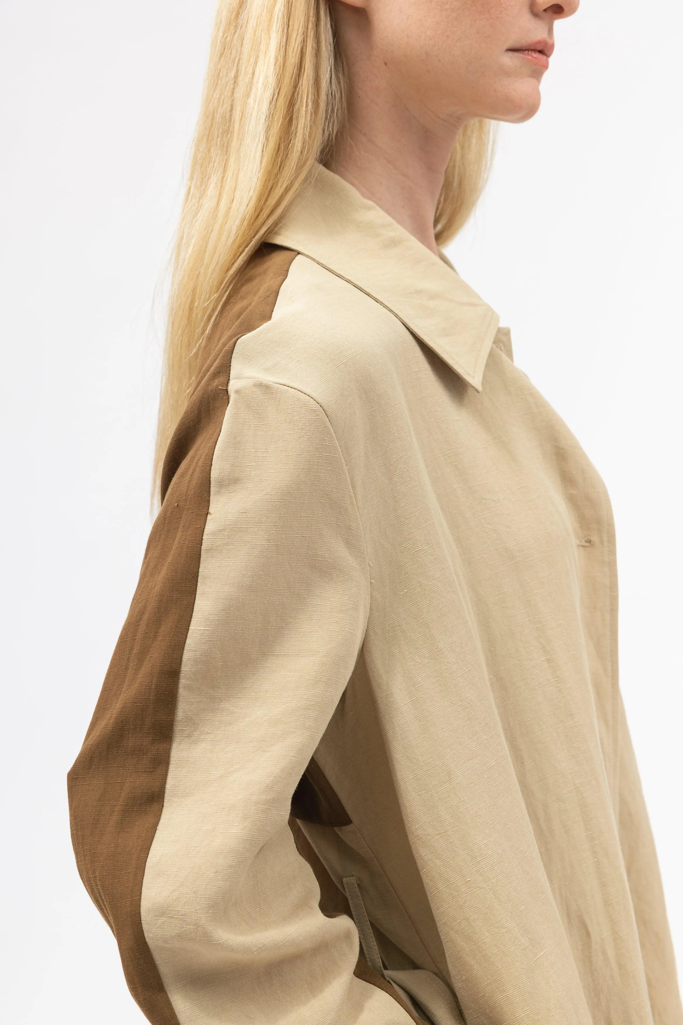 Bamboo Color Blocked Linen Long Shirt Jacket