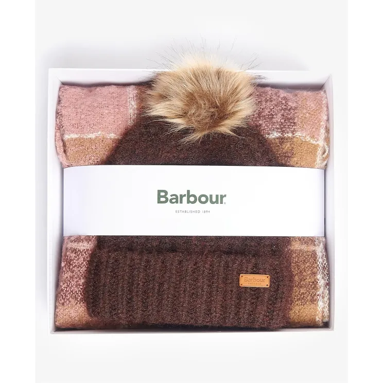 Barbour Saltburn Hat & Tartan Scarf Set LGS0077 Chocolate