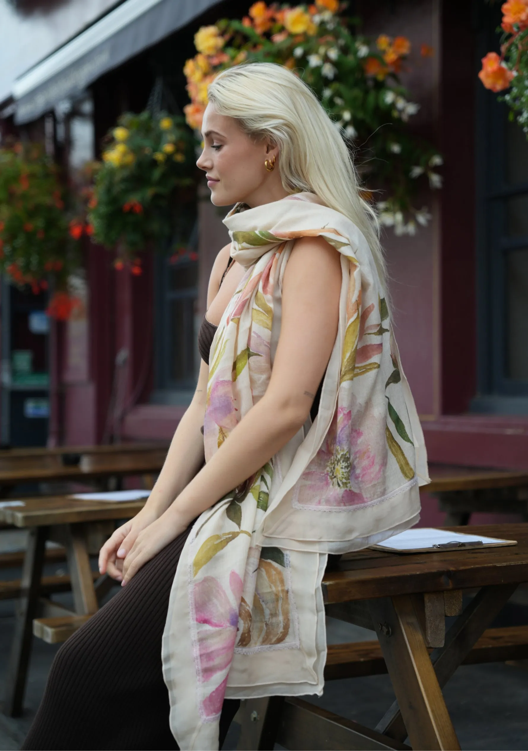 Beige Cashmere Scarf with Hand-Painted Revival Design and a Beige Frill and Lace Border