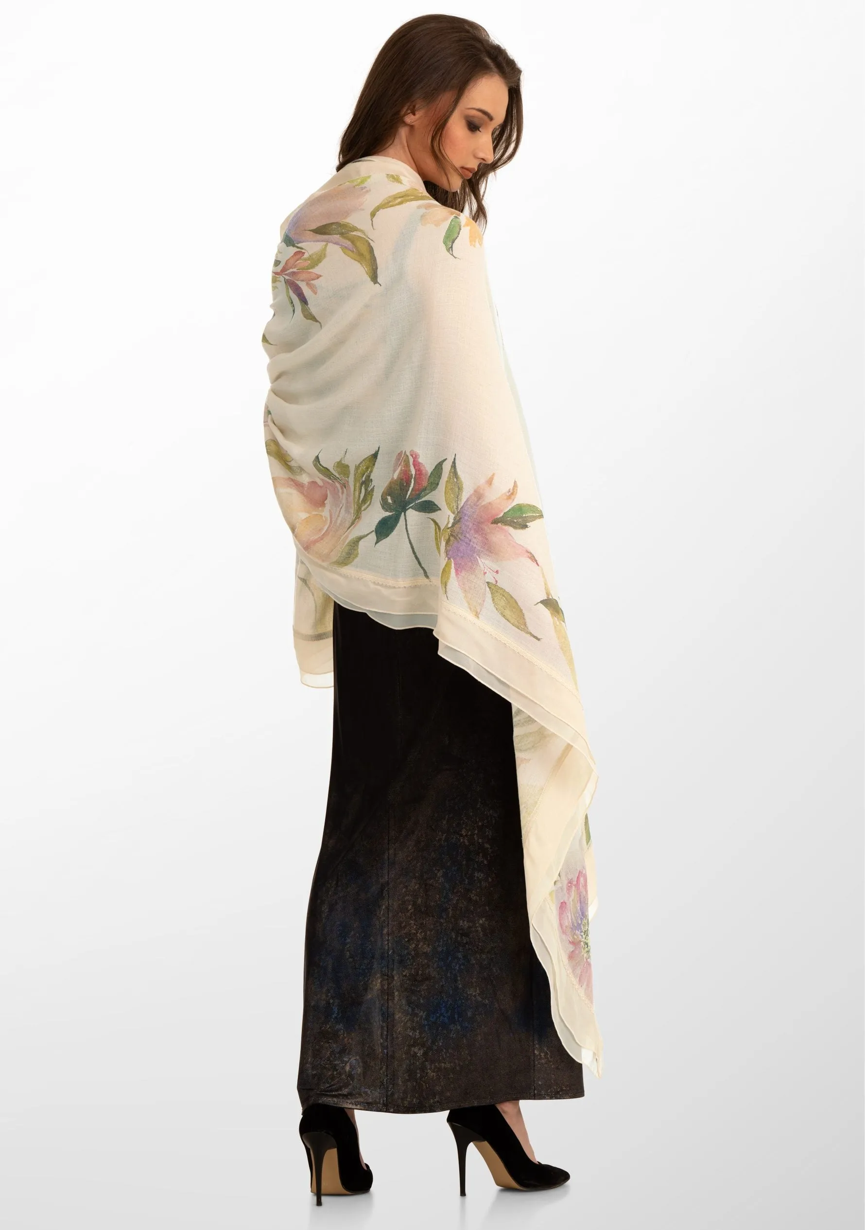 Beige Cashmere Scarf with Hand-Painted Revival Design and a Beige Frill and Lace Border