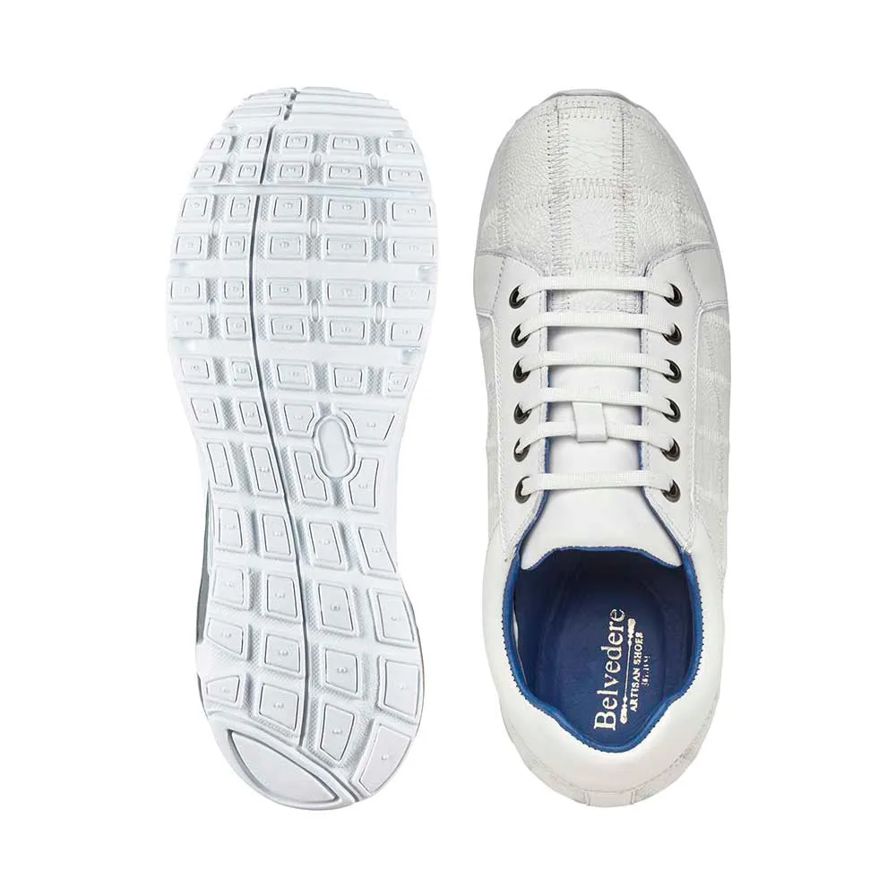 Belvedere Magnus Men's Casual White Elegance Exotic Ostrich Patchwork Sneakers