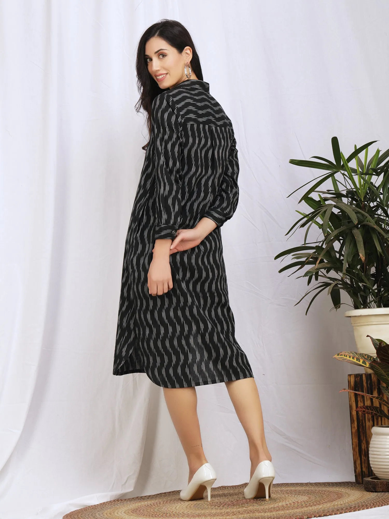 Black Button Down Ikat Cotton 'Amna' Dress