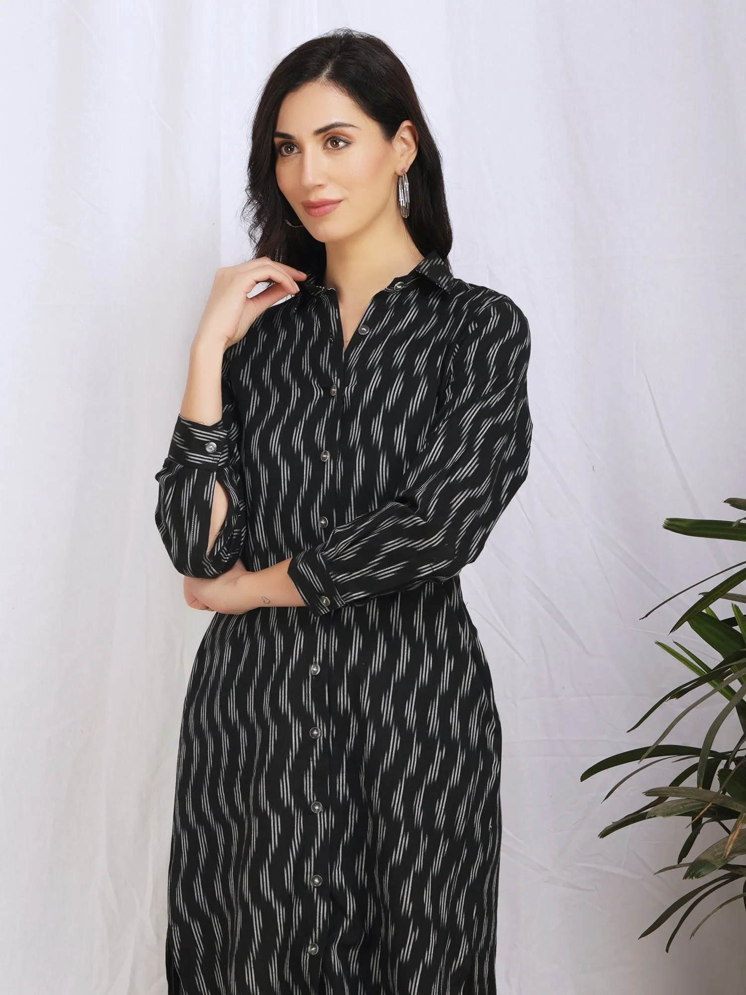 Black Button Down Ikat Cotton 'Amna' Dress