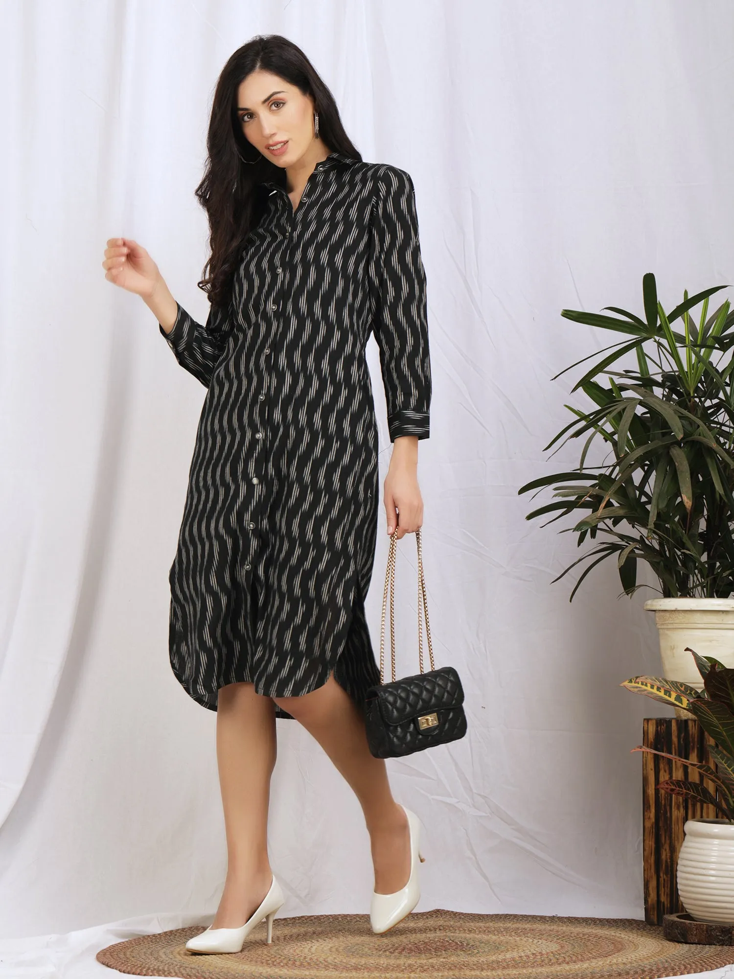 Black Button Down Ikat Cotton 'Amna' Dress