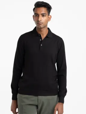 Black Extra Fine Merino Wool Polo Shirt