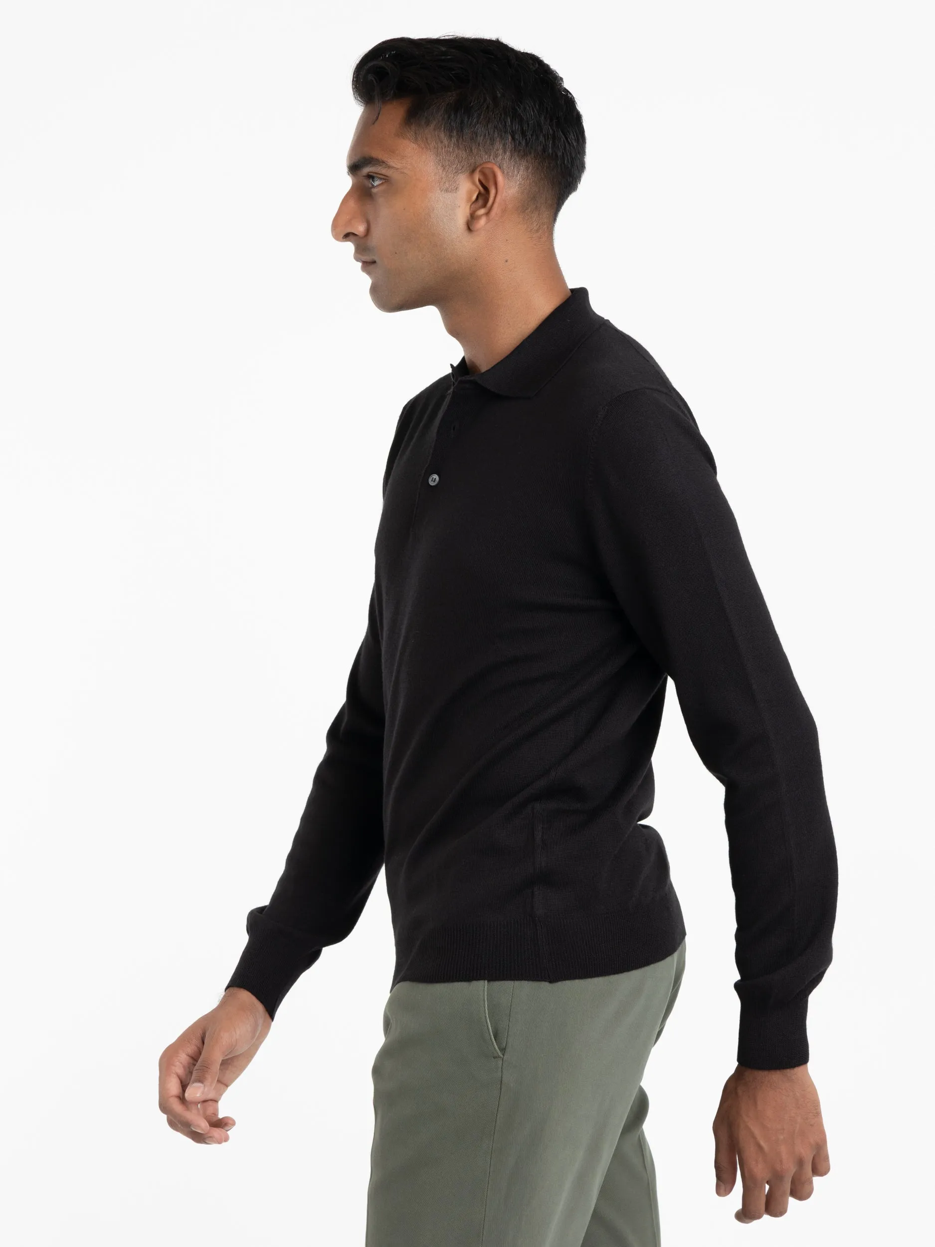 Black Extra Fine Merino Wool Polo Shirt