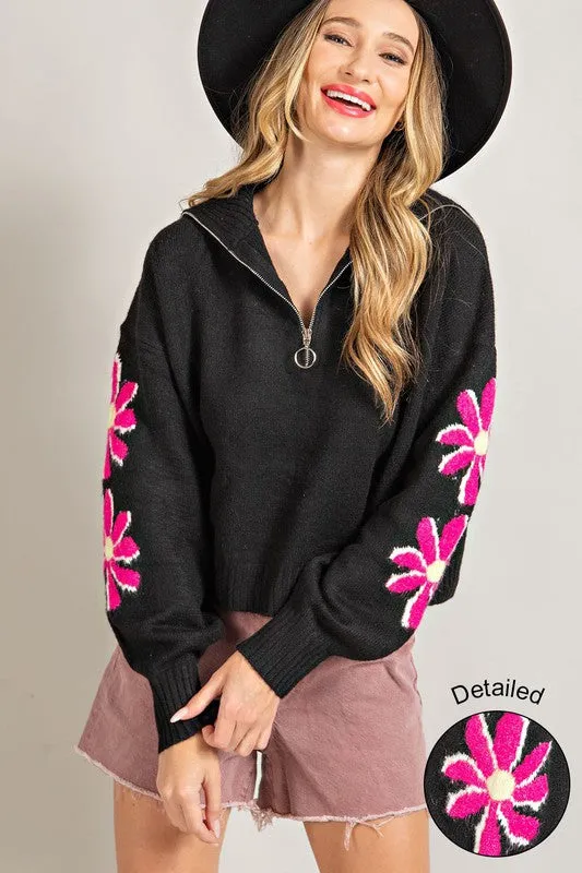 Black Quarter Zip Flower Detail Sweater