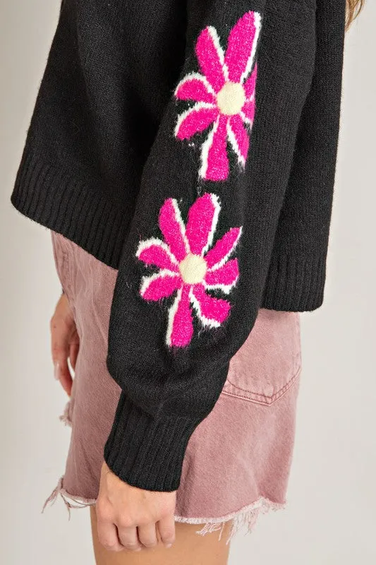 Black Quarter Zip Flower Detail Sweater