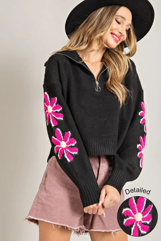 Black Quarter Zip Flower Detail Sweater