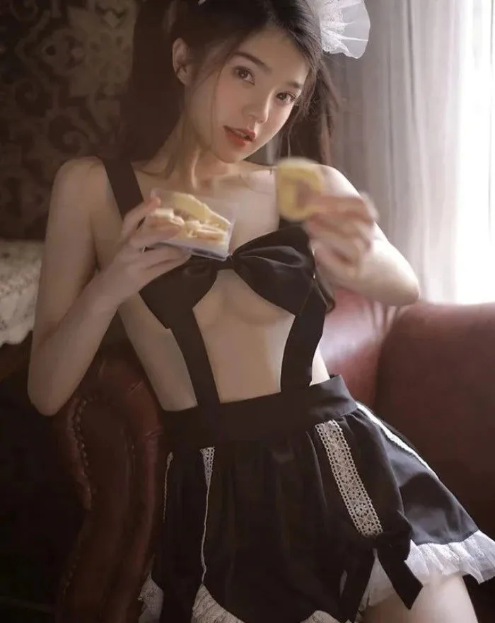 Black Sexy Maid Apron Uniform Ribbon Bra Temptation