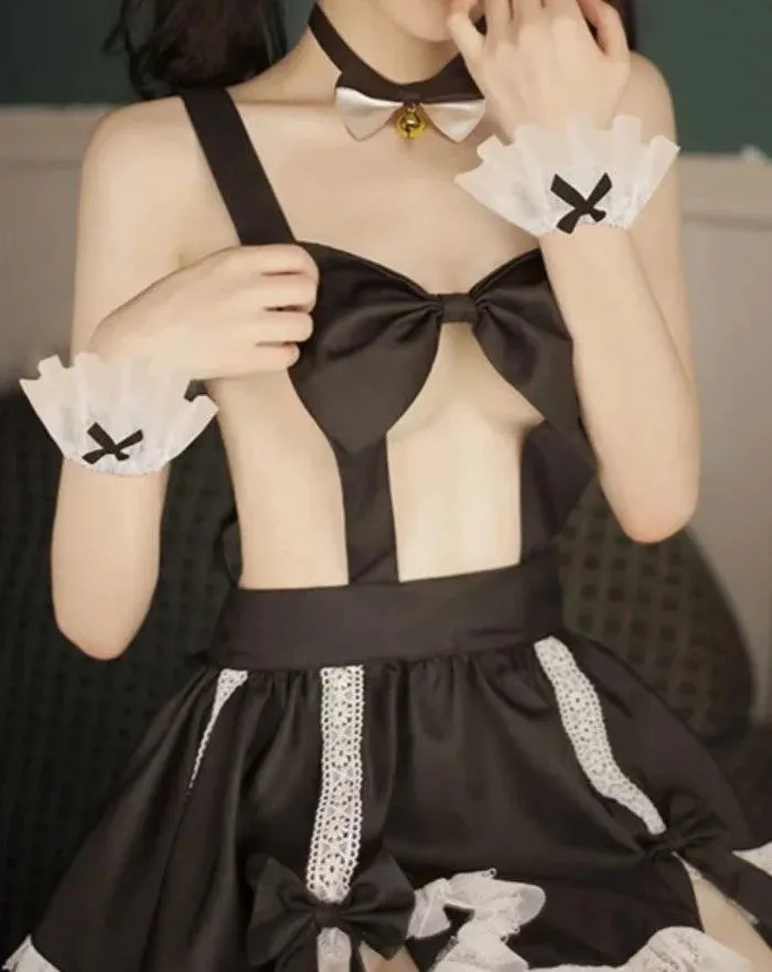 Black Sexy Maid Apron Uniform Ribbon Bra Temptation