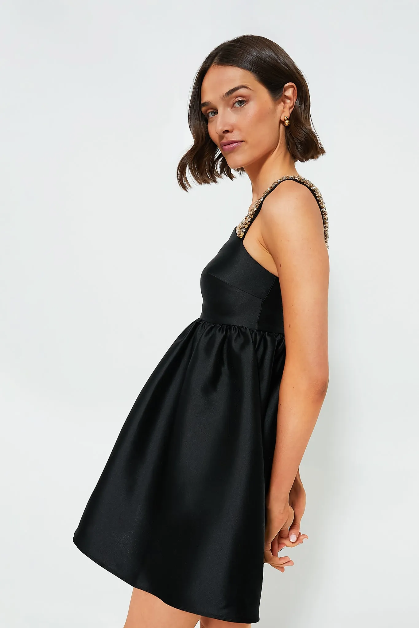 Black Taffeta Embellished Mini Dress