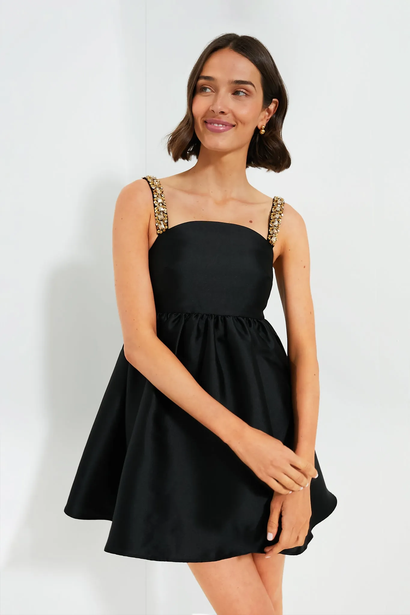 Black Taffeta Embellished Mini Dress