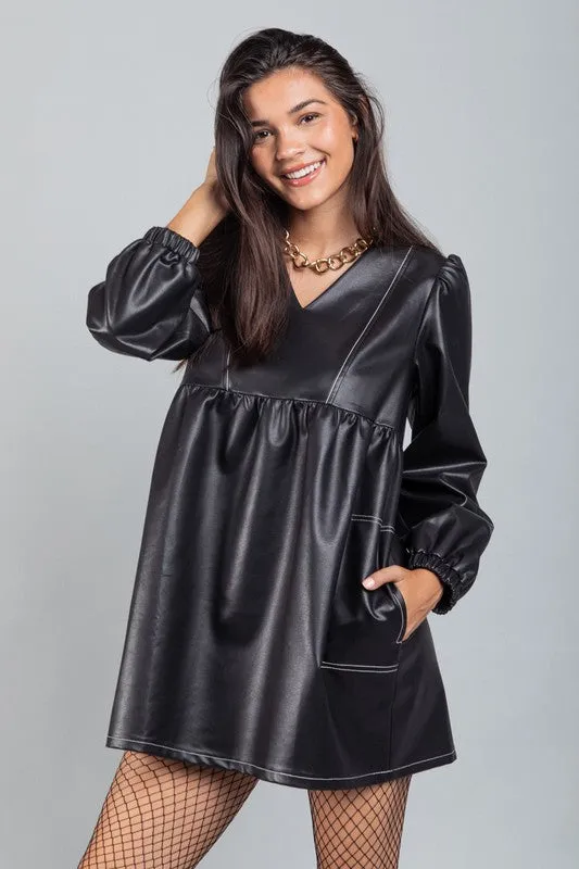 Black V-neck Flare Faux Leather Babydoll Mini Dress