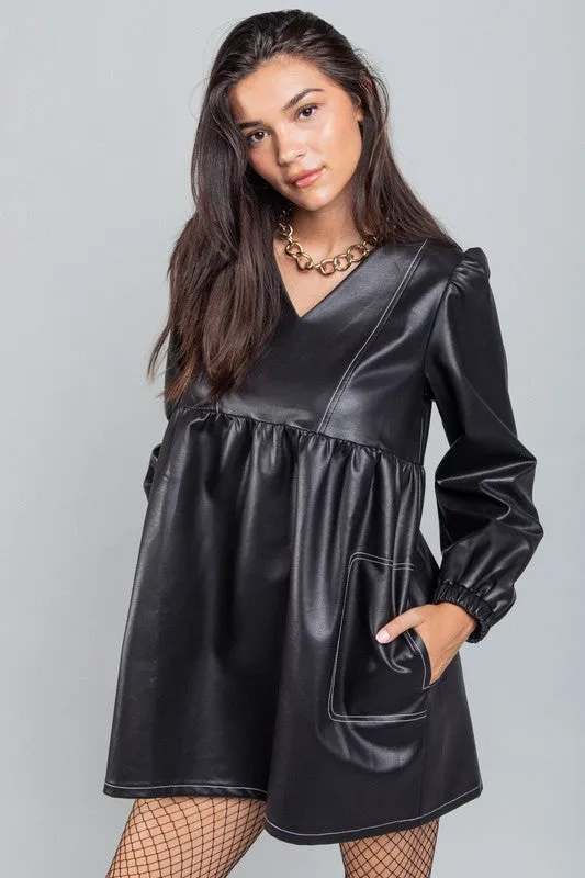 Black V-neck Flare Faux Leather Babydoll Mini Dress