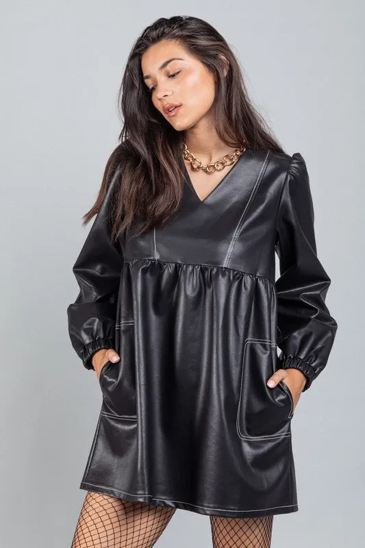 Black V-neck Flare Faux Leather Babydoll Mini Dress