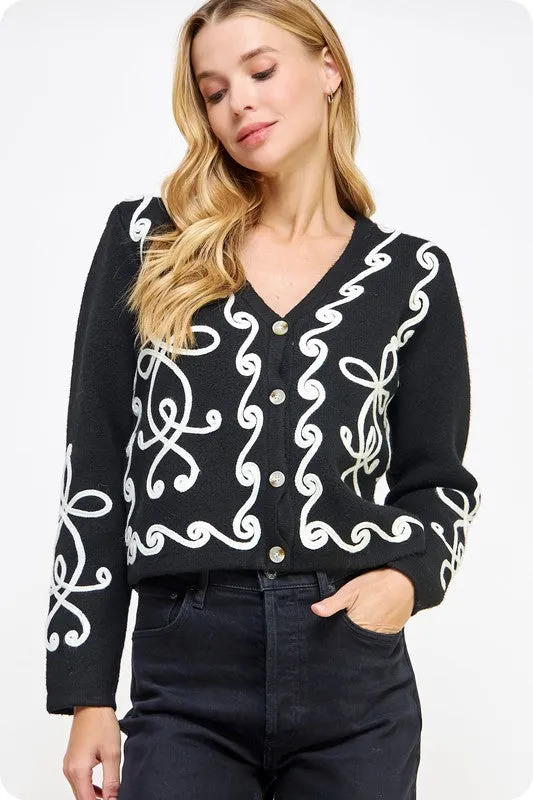 Black/Cream Contrast Squiggle Embroidered Cardigan Sweater