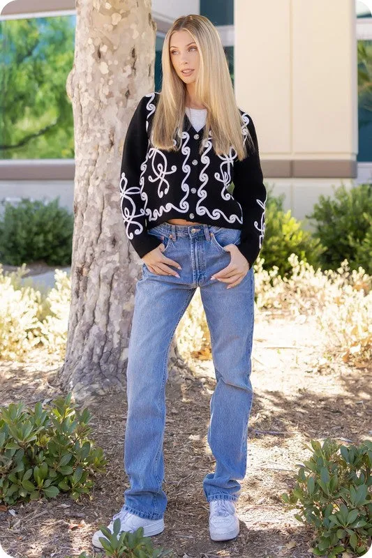 Black/Cream Contrast Squiggle Embroidered Cardigan Sweater