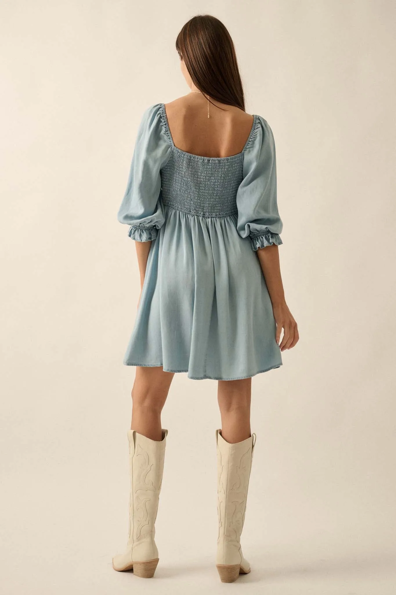 Blue Moon Puff-Sleeve Babydoll Mini Dress