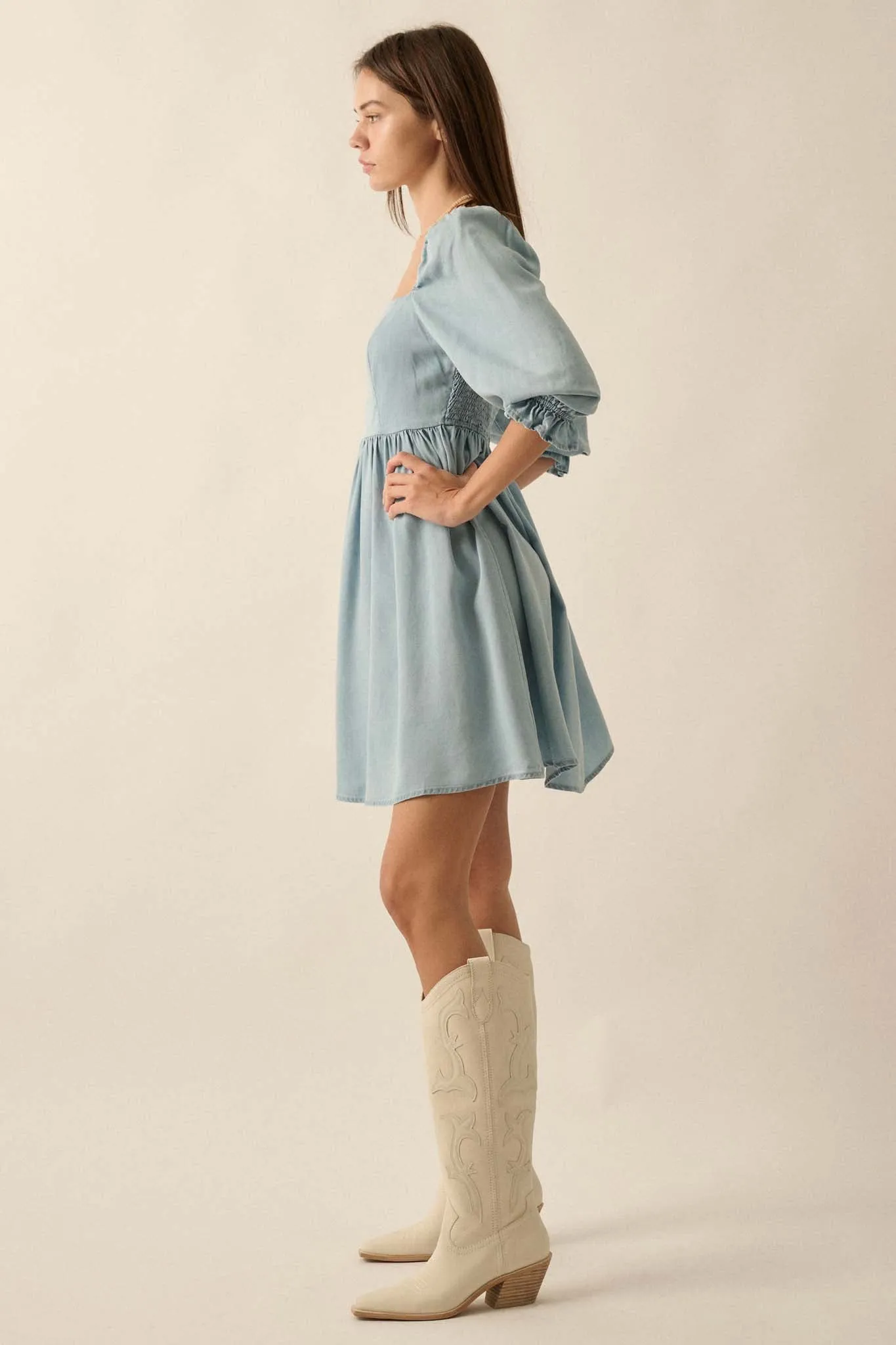 Blue Moon Puff-Sleeve Babydoll Mini Dress