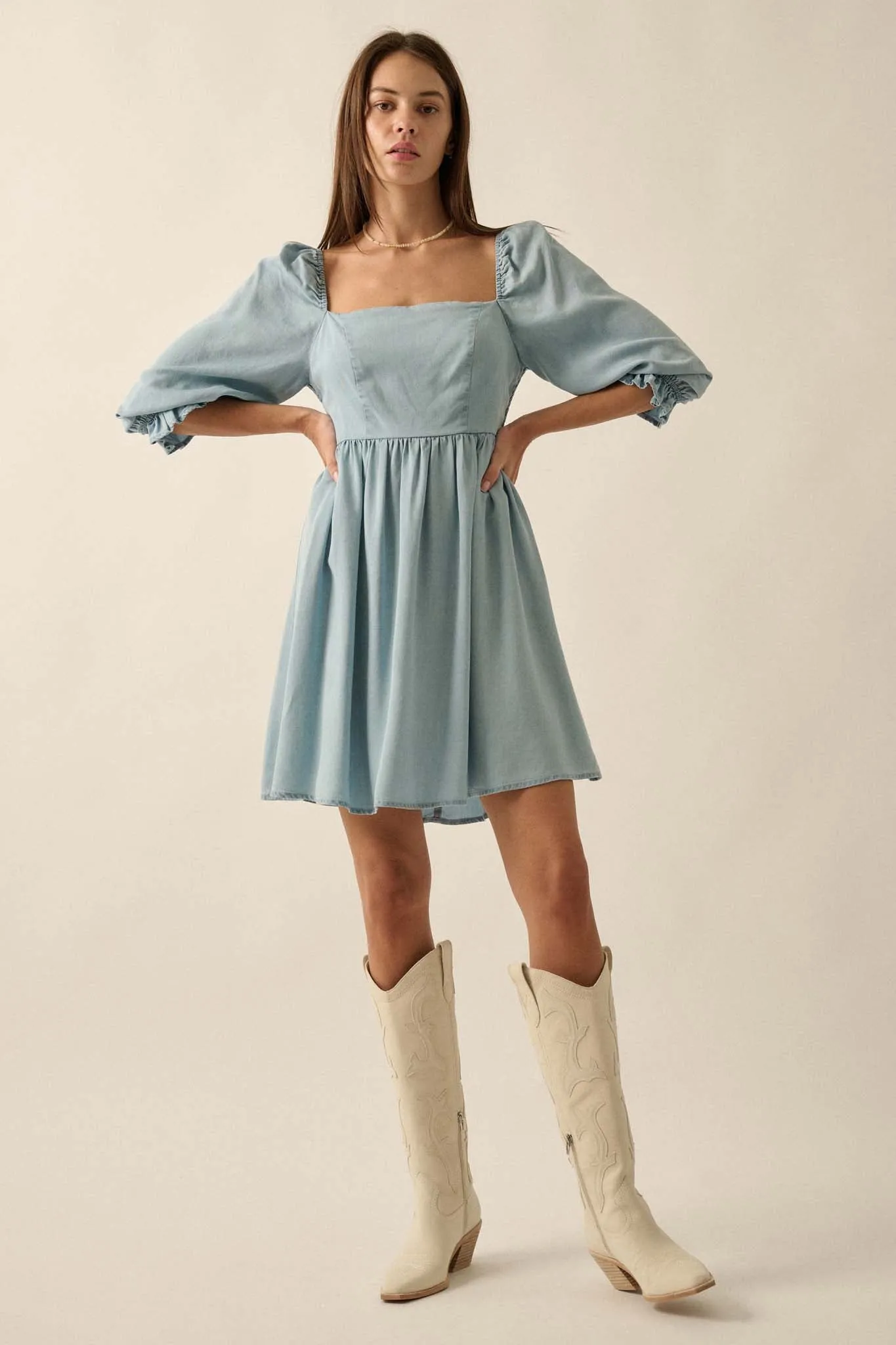 Blue Moon Puff-Sleeve Babydoll Mini Dress