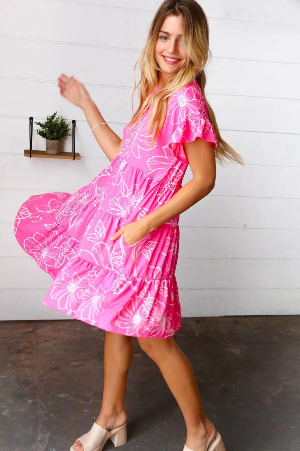 Bright Pink Floral Dolman Sleeve Babydoll Dress